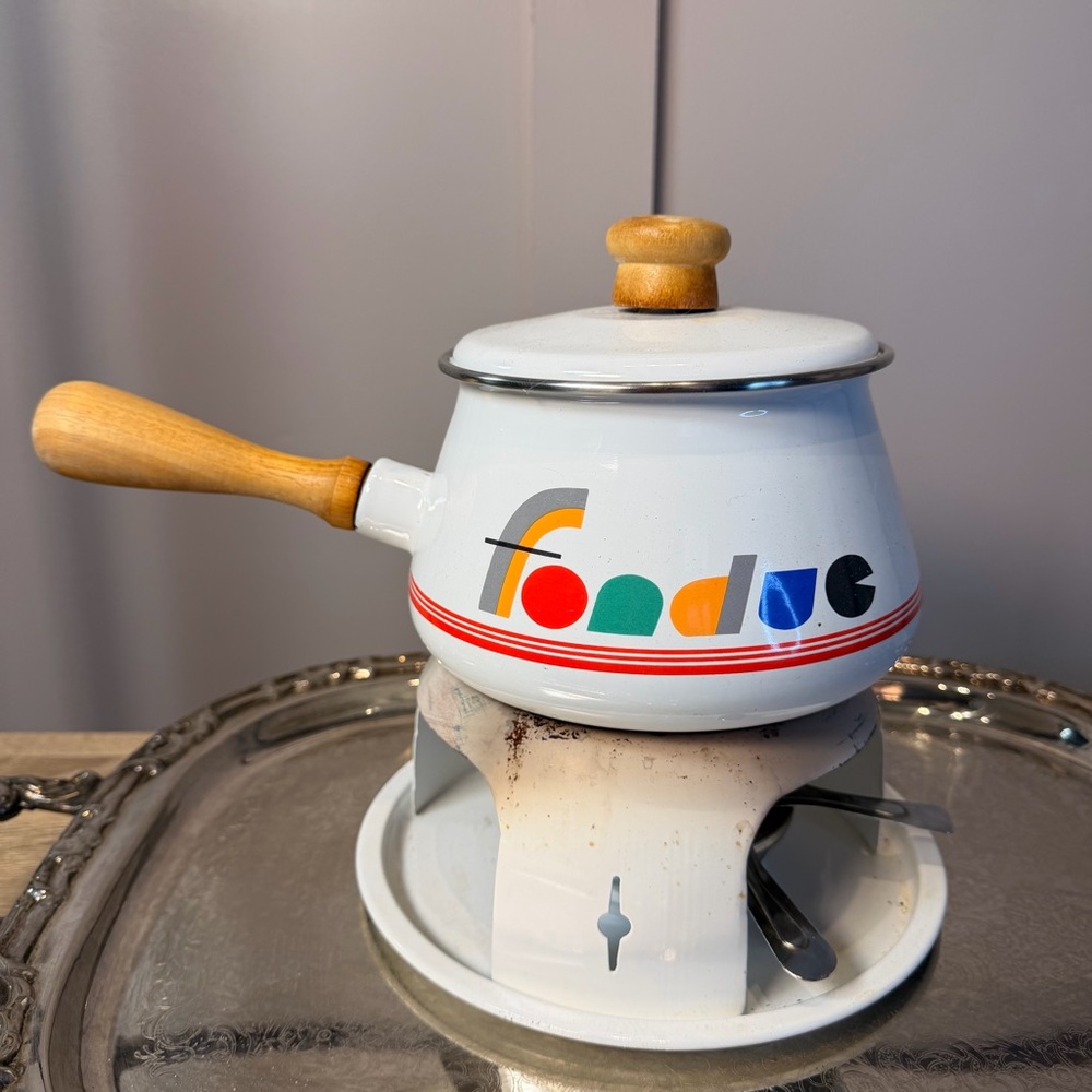 Vtg Mid Century Cream Enameled Fondue Pot Lid Stand Burner Snuffer - Picture 8 of 8